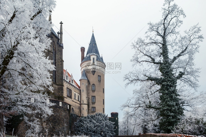 风景优美寒冷的Zleby城堡在冬天捷克分支图片