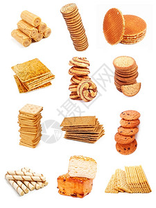 黄油饼干白色的曲奇背景上隔开的不同甜蜜面包店套装图片