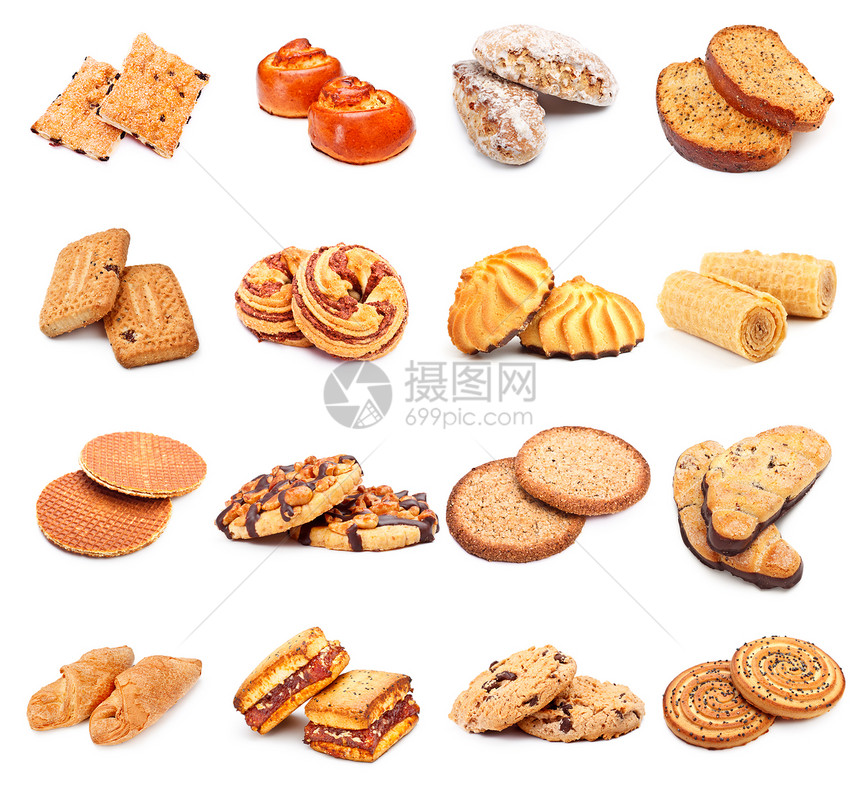 白色背景上隔开的不同甜蜜面包店套装棕色的糕点曲奇饼图片