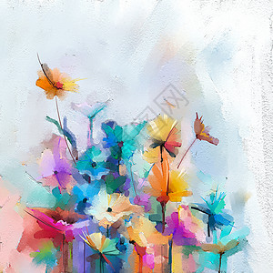 艺术品花的充满活力在画布上绘制抽象的彩色油画半抽象的鲜花图黄色和红以及蓝的紫红黄手画笔刷油彩绘画现代艺术油作为背景背景图片