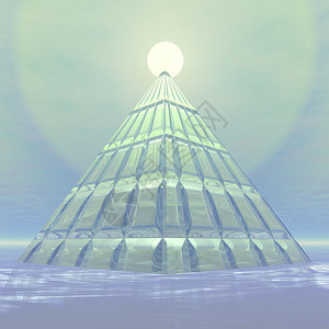日出前邂逅透明金字塔用玻璃制成的金字塔在明日夕阳前亮的插图黄色设计图片