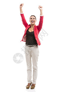 带着双臂在空中的快乐女商人孤立在白色背景之上西班牙裔女孩微笑图片
