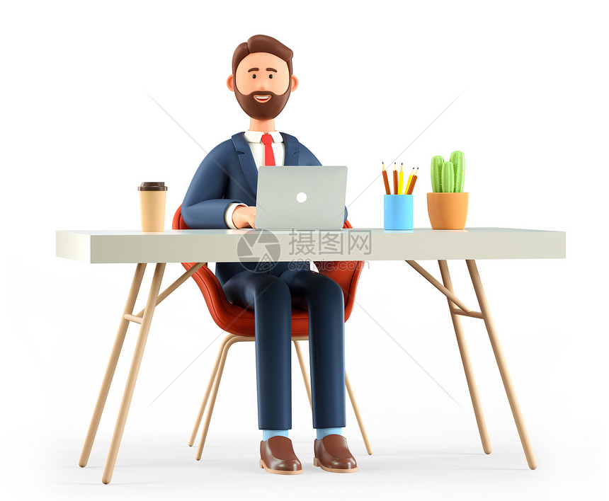 3D插图在现代办公室卡通桌上工作的快乐可爱男人用笔记本电脑微笑的留胡子商人或自由职业者孤立在白色背景工作场所概念上经理社会的可爱图片