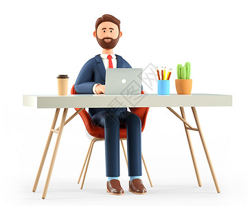 男人咖啡3D插图在现代办公室卡通桌上工作的快乐可爱男人用笔记本电脑微笑的留胡子商人或自由职业者孤立在白色背景工作场所概念上经理社会的可爱设计图片