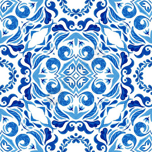 塔拉韦织物蓝手和白抽象绘制瓷砖无缝装饰水彩色涂画图案带有交叉符号的图案带有交叉符号艺术插画