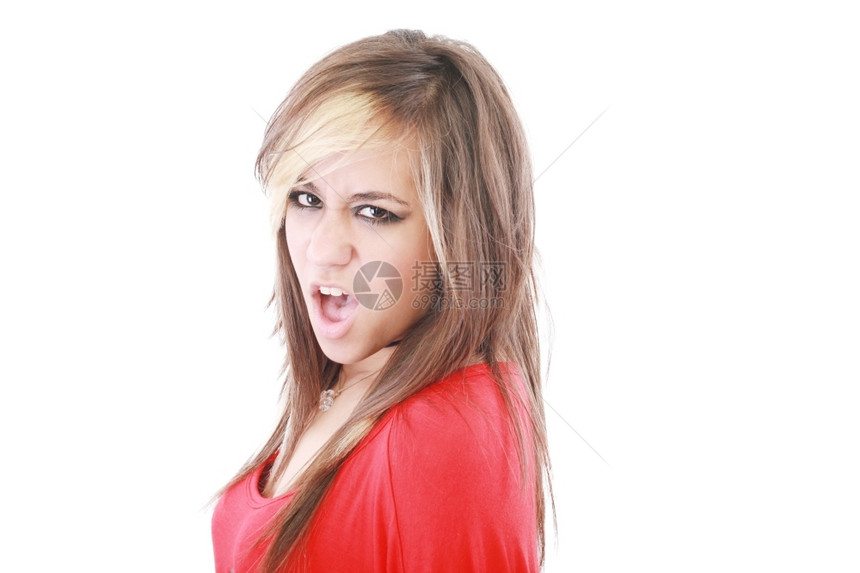 女摇滚歌手的肖像年轻唱歌卡拉OK图片