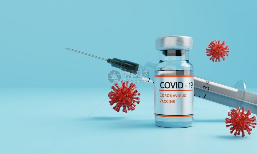 Corona疫苗瓶并配有注射针筒和蓝底的注射针头和健康与医疗概念3D剂量瓶子样本图片