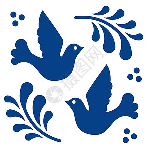 阿罕布拉花的民俗学框架墨西哥talavera瓷砖图案与鸟类的传统风格装饰来自普埃布拉的经典蓝白色花卉陶瓷组合物带有花点和叶子的墨西哥民间插画