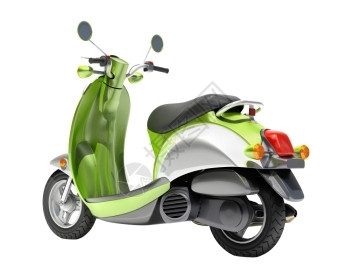健康状况发动机驾驶绿色小摩托车在光背景上关闭图片