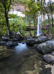 级联泰国UbonRatchathani深森林瀑布植物丛图片