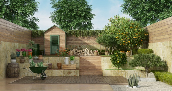乡村的结石橙有园艺工具的花木棚和果树3D种植园分为两层有木棚和果树背景图片