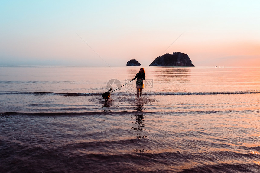 国内的成人日出时在海滩上的女狗和基里图片