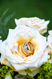 浪漫婚礼花束白玫瑰花蕊中的戒指图片