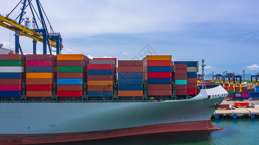 深海港集装箱船卸公海集箱船商业物流进出口货运空中俯视图海关卡车商业的图片