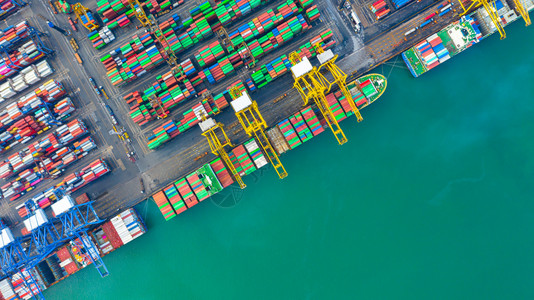 洪深海港集装箱船卸公海集箱船商业物流进出口货运空中俯视图釜山加载图片