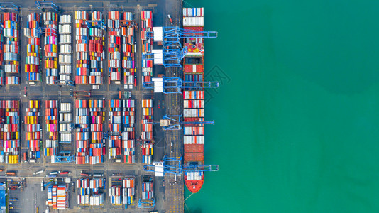 深海港集装箱船卸公海集箱船商业物流进出口货运空中俯视图行业终端工的图片