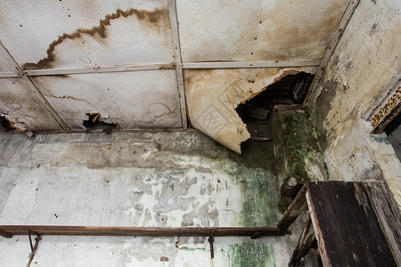 忽视旧废弃房屋漏水损坏天花板特写旧废弃房屋漏水损坏天花板肮脏的使固定苦恼设计图片