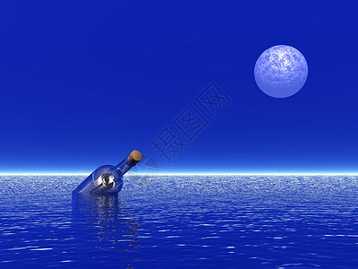 相当波纹漂浮的被动在月光下漂浮海洋的透明瓶子中滚动设计图片