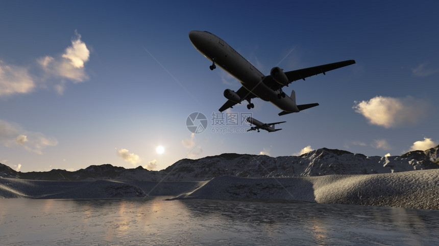 蓝色的运输白客机用3D软件在空中飞行的白色客机地形图片