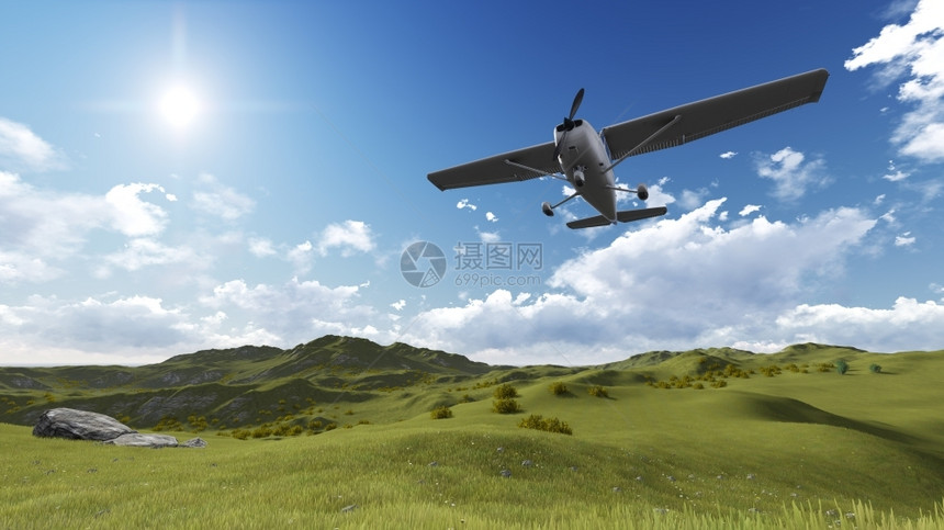 白色客机用3D软件在空中飞行的白色客机身地形景观图片