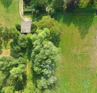 沿草坪的一片地空中观视着一个有棚若干灌木林和树的草原德国人小屋路衬套图片