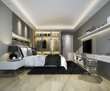 3d提供豪华的现代卧室套房电视机配有衣柜和在中行走衬衫服当代的图片