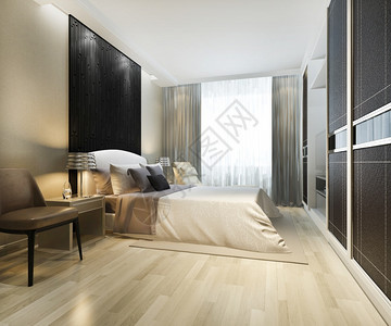 住宅阁楼酒店3d提供豪华的现代卧室套房电视机配有衣柜和在中行走图片