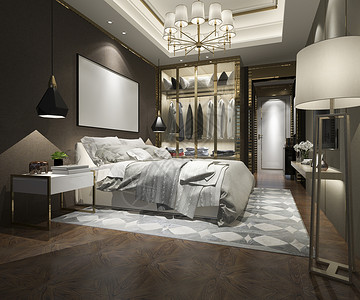 枕头装饰风格3d提供豪华的现代卧室套房电视机配有衣柜和在中行走公寓图片