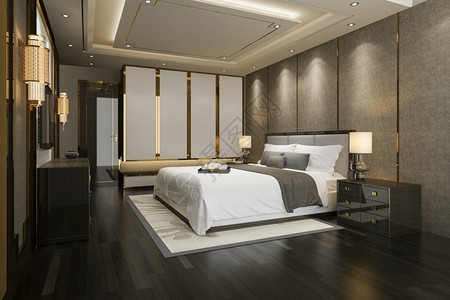 内部的建成睡觉3d提供豪华的现代卧室套房带有衣柜的电视机图片