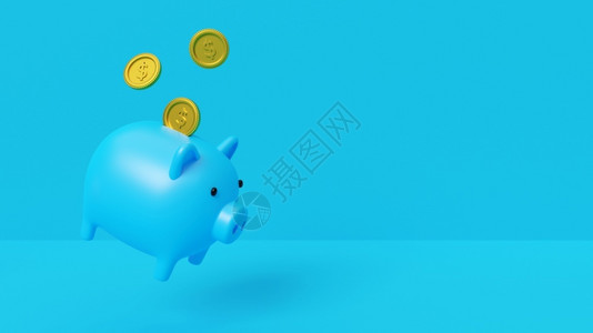 平坦的货币储蓄概念把硬币放进猪银行Banner背景与复制空间3D投稿钱金融的背景图片