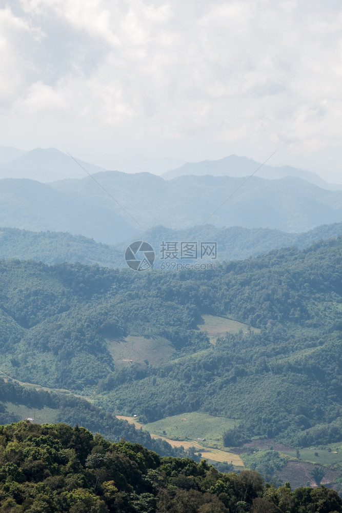 夏天场景户外泰公园内有轻雾的山地脉分布面积泰公园图片