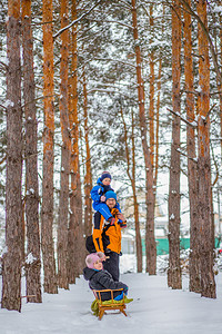 季节走家庭冬天父亲带着年幼的孩子在树林里散步雪地橇和球中的冬季活动图片