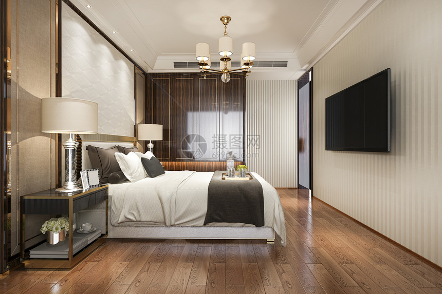 墙衣服家具3d在酒店提供豪华现代卧室套房和衣柜在中行走图片