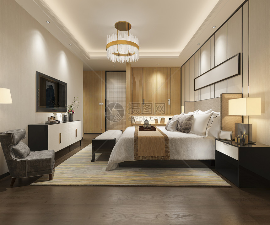 椅子床公寓3d在酒店提供豪华现代卧室套房和衣柜在中行走图片
