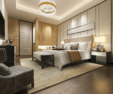 家美丽的内阁3d在酒店提供豪华现代卧室套房和衣柜在中行走图片