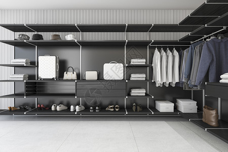 黑色笛架子3d提供现代阁楼黑衣衬衫和服在柜中行走活的制作空设计图片