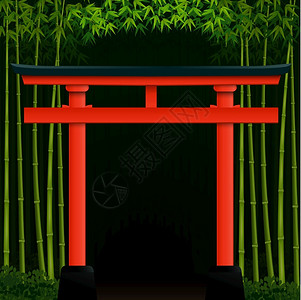 东梅奔热带景观抽象的以红色日本门显示深竹林背景的矢量插图Name设计图片