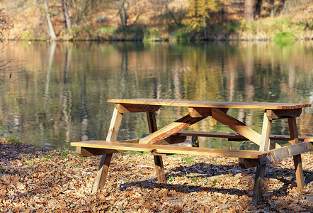 秋天公园树下的木制桌椅图片