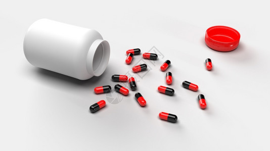 红色药丸瓶装药品在白背景上溢出的药物医学研究和药理概念物成瘾保健处方治疗Supple食品维生素3D补充胶囊化学设计图片