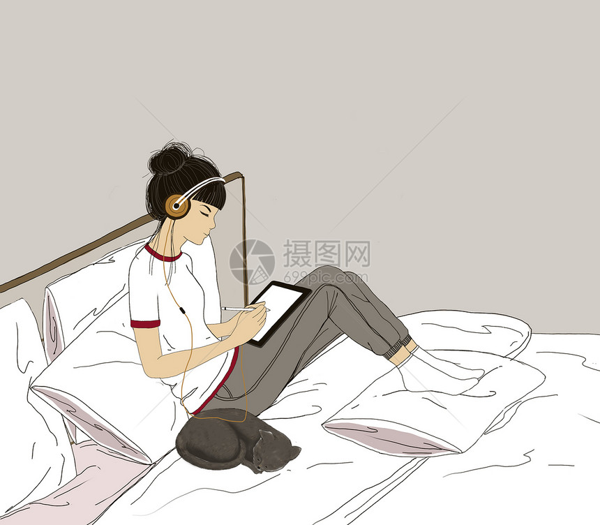 数字的特点与猫坐在床上的年轻女孩穿着长发睡衣用平板图画和听音乐的数字颜料穿猫咪短发长头戴睡袍的女孩风格插图图片
