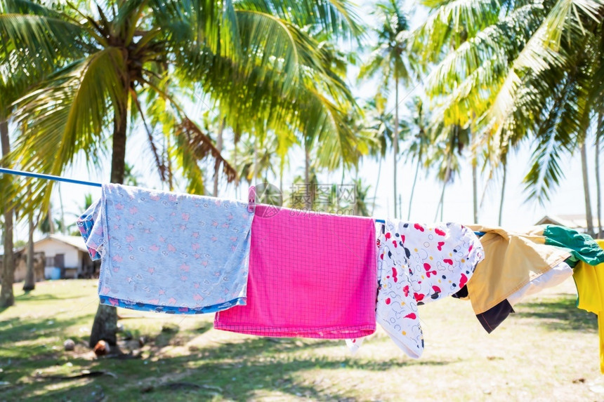 儿童在海边椰子种植园的洗衣线上穿着儿童的衣服亚麻布海滨天空图片