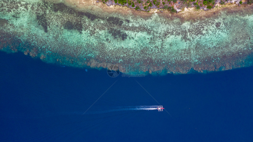 浮船从空中上向下俯冲在开阔海中游动珊瑚礁上空有清晰和松绿的水域离开热带环礁湖摩尔博阿岛奥斯陆b菲律宾宿务岛天线剩下菲律宾人图片