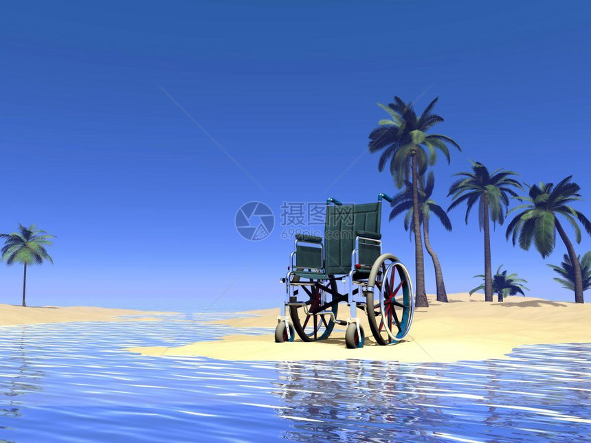 树景观支持坐在热带沙滩上的空轮椅由美丽的白天轮椅节日3D制成图片