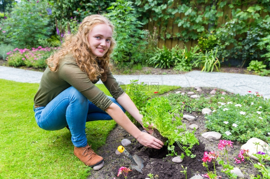 草本植物青少年轻的天主教女青年在花园土壤里种植草原工作图片
