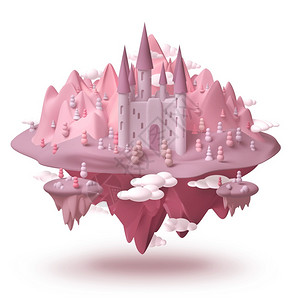 蓝梦岛谷童话皇家幻想岛的梦城堡粉色风景在空气中徘徊3D创造童年梦想概念孤立在白边设计图片