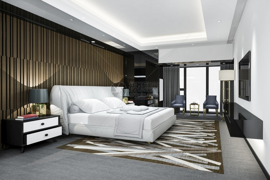 住宅3d提供豪华的经典现代卧室套房在酒店和王床建筑学枕头图片