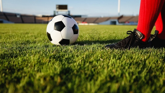 足球或运动员站在场上踢足场草蓝色的锦标赛图片