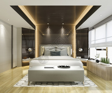 3D在酒店提供漂亮的豪华卧室套房有电视和黑镜子扶手椅书美丽的图片