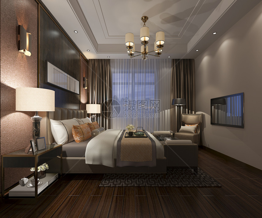 自在3D提供美丽的豪华卧室套房在酒店与电视夜间公寓休息图片