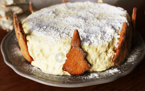 姜饼桌子美味的用冷杉饼干装饰的蛋糕姜蜂蜜圣诞背景用冷杉饼干装饰的蛋糕图片